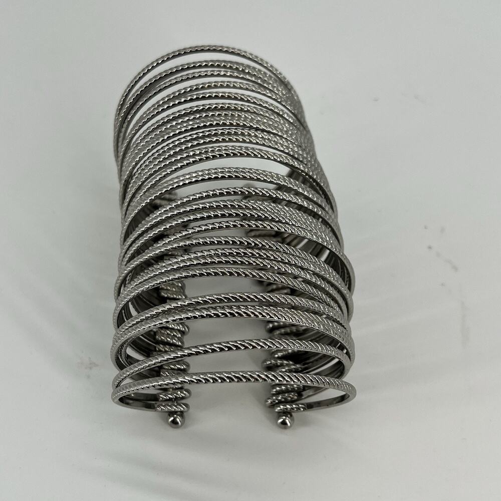 Vintage Wide Silver Tone Cuff Bracelet Multi Wire Rope Wrap Chunky Statement